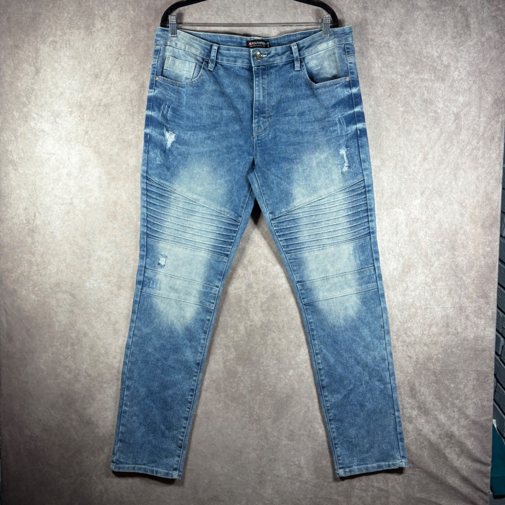Southpole Jeans Mens 38x32 Blue Moto Skinny Distressed Biker Acid Wash Street